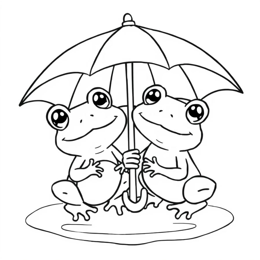 Cute Frogs Sharing an Umbrella Coloring Page