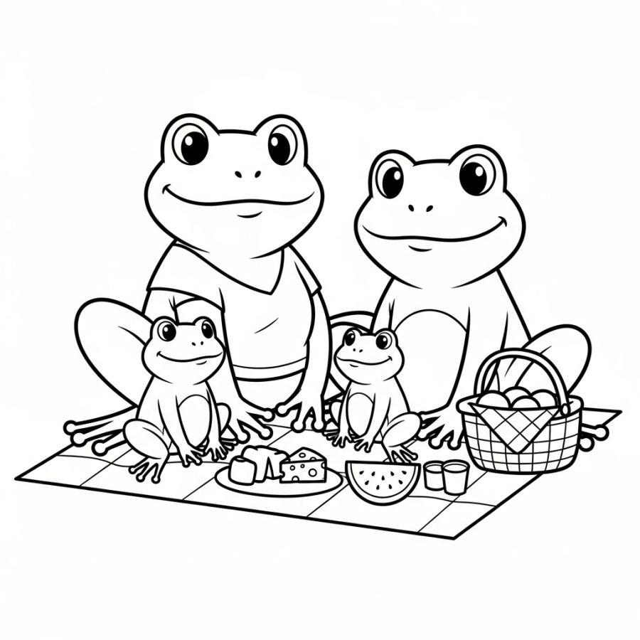 Adorable Frog Family Picnic Coloring Page