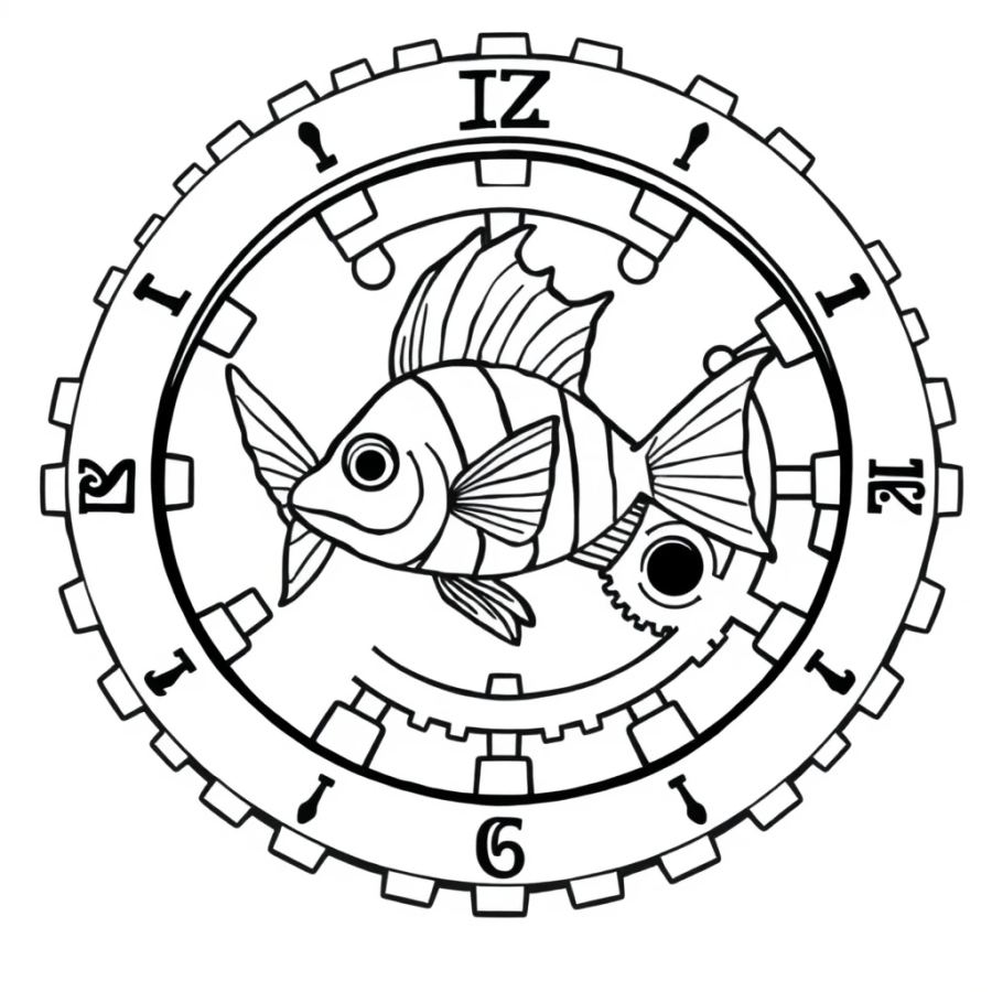 Angelfish Swimming Through The Gears Of A Sunken Grandfather Clock Coloring Page