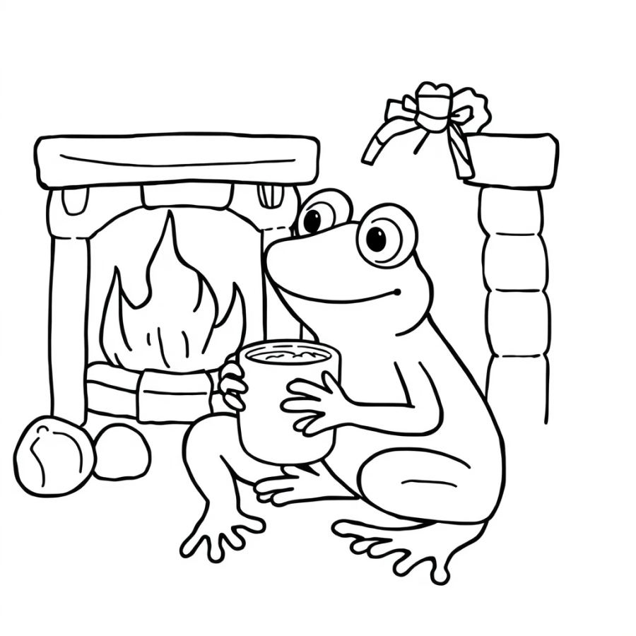 Cozy Frog Drinking Hot Cocoa by the Fireplace Coloring Page