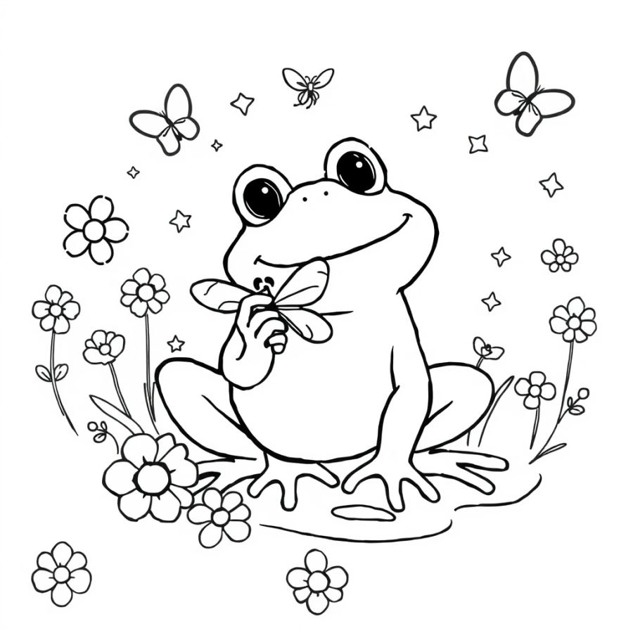 Hungry Frog Catching a Fly Coloring Page