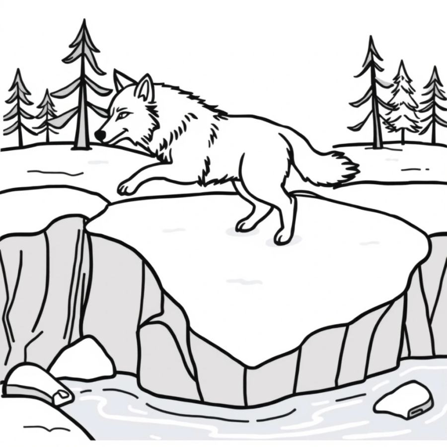 Wolf Crossing A Frozen Ice Bridge Coloring Page