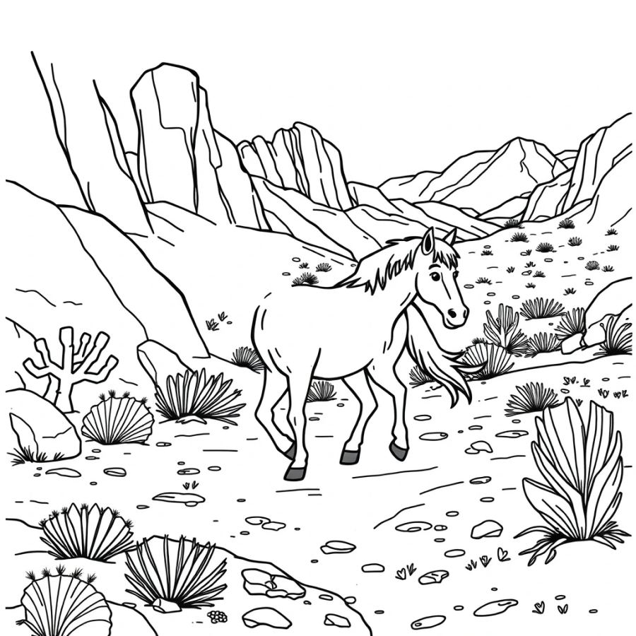 Horse Walking Along A Rocky Desert Trail Coloring Page