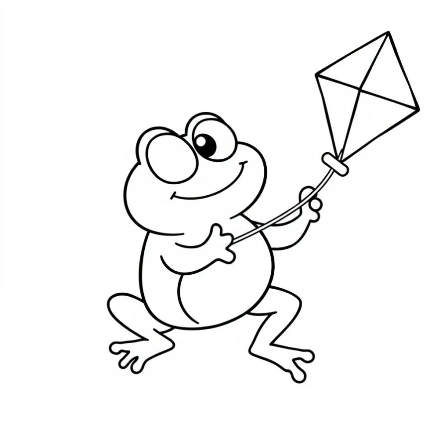 Whimsical Frog Flying a Kite Coloring Page