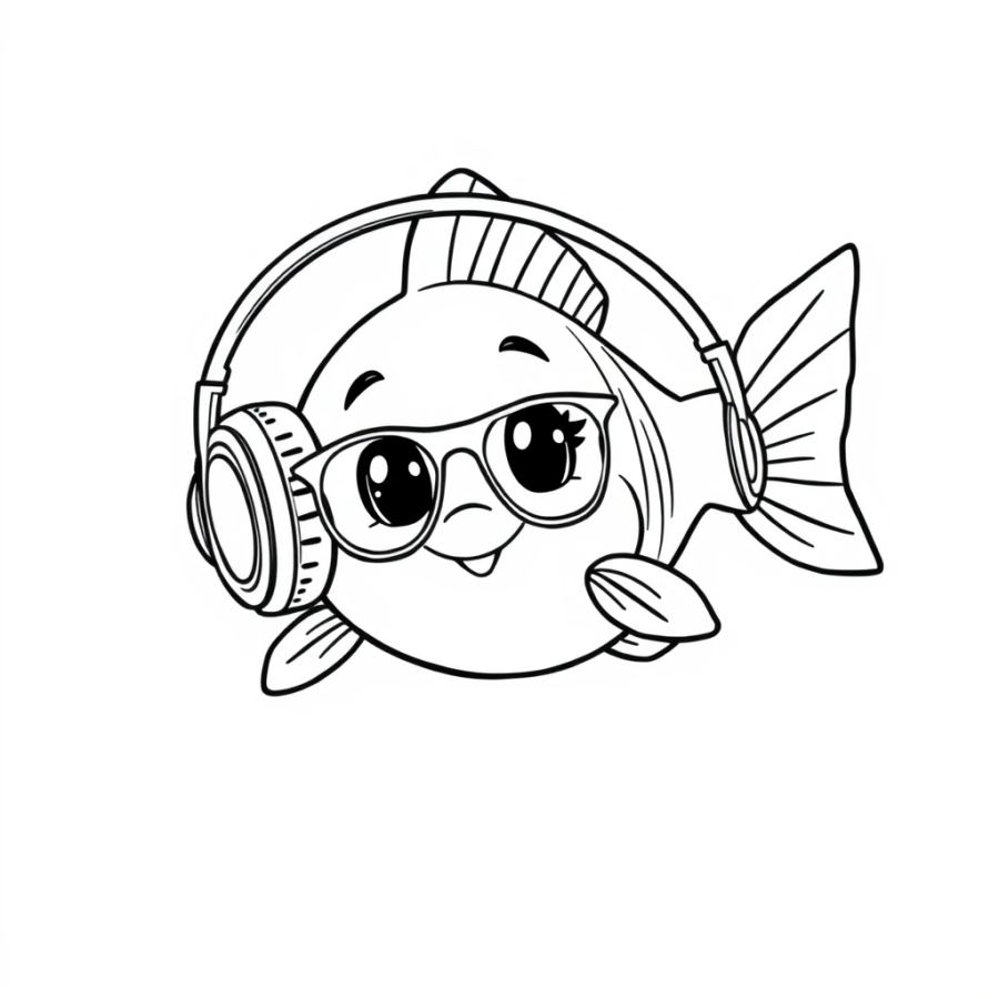 Angelfish Wearing Cool Rockstar Headphones Coloring Page
