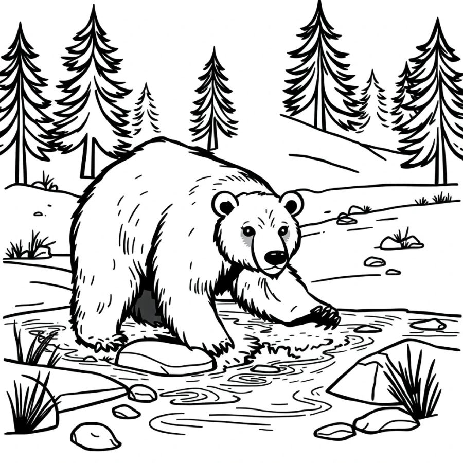 Majestic Grizzly Bear Crossing a Thawing Spring River Coloring Page