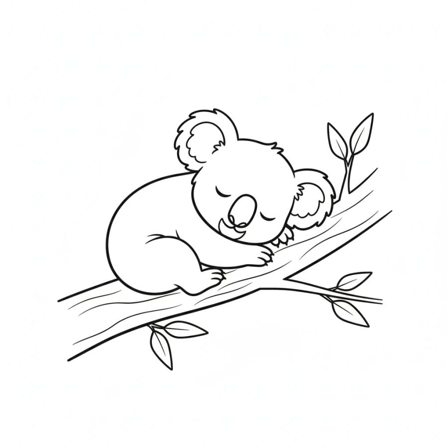 Koala Sleeping On A Eucalyptus Tree Coloring Page