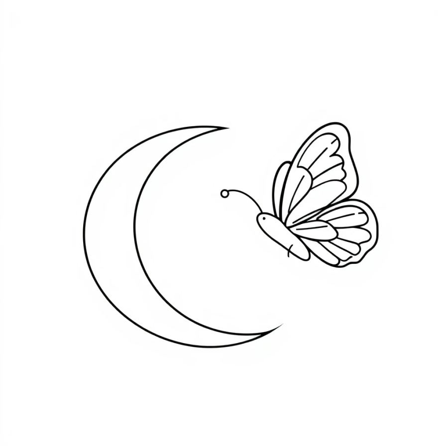 Butterfly Flying Past The Crescent Moon Coloring Page