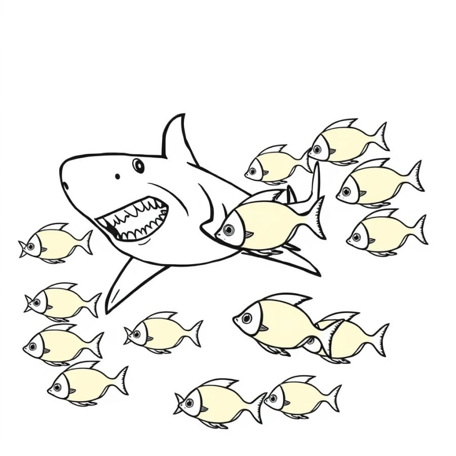 Shark Chasing A Schools Of Bright Neon Tang Fish Coloring Page