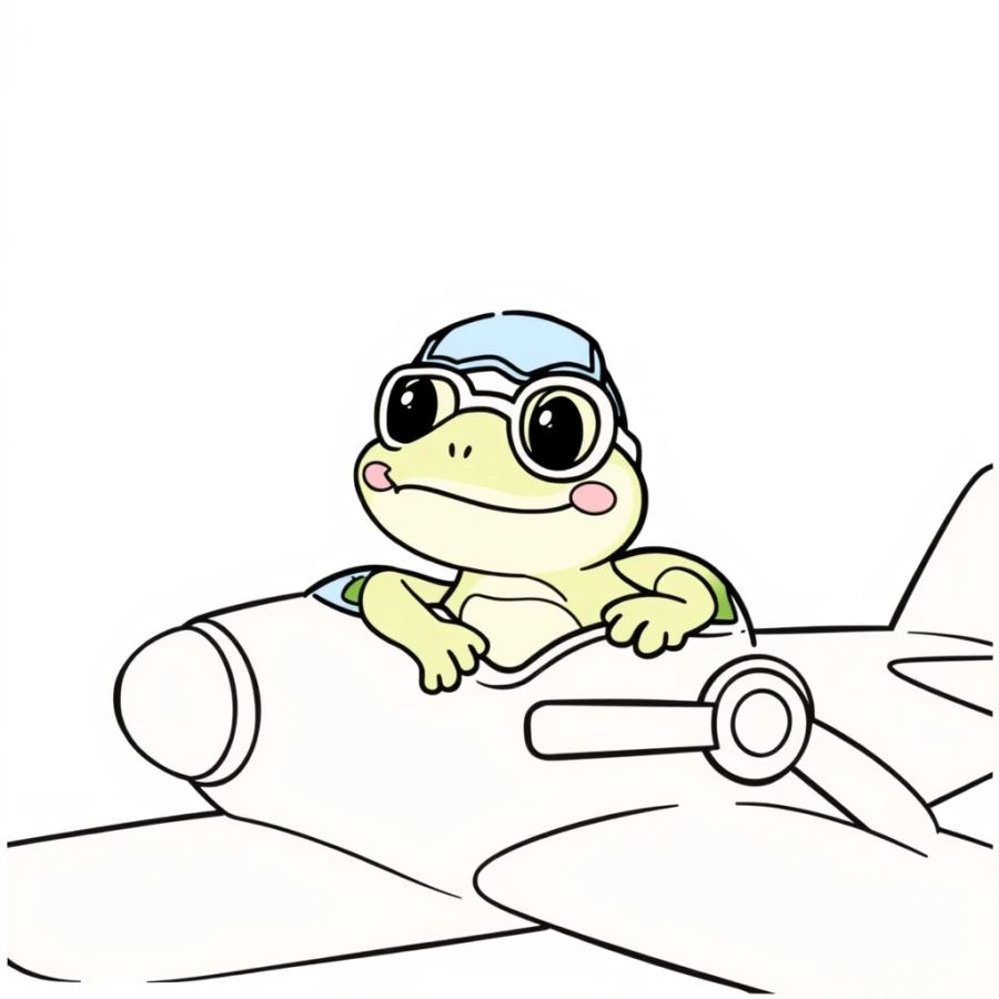 Cute Pilot Frog in Propeller Plane Coloring Page