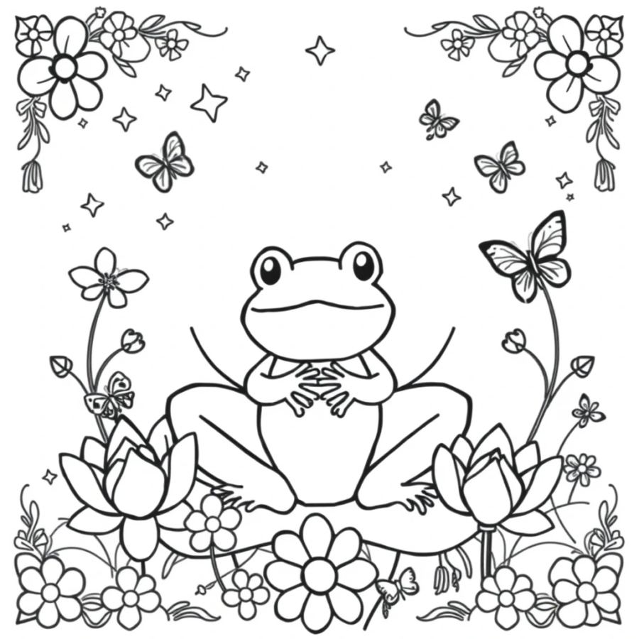 Charming Lotus Flower and Friendly Frog Coloring Page