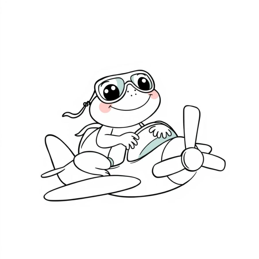 Cute Pilot Frog in a Propeller Plane Coloring Page