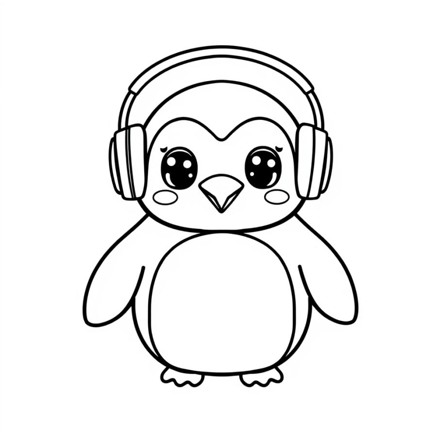 Penguin Wearing Headphones Coloring Page