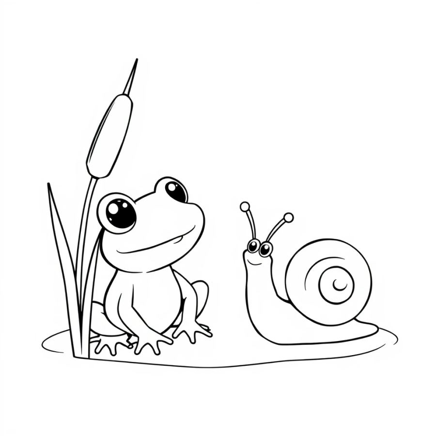 Adorable Baby Frog and Snail on a Cattail Coloring Page