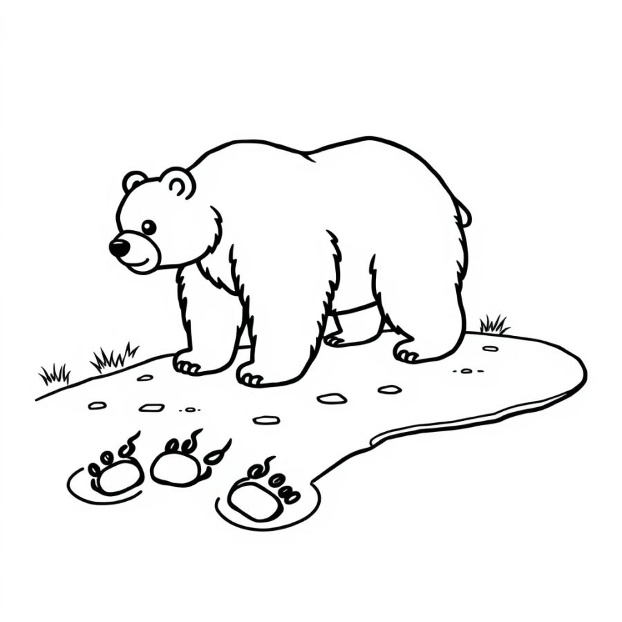 Giant Grizzly Bear Footprints by the River Coloring Page