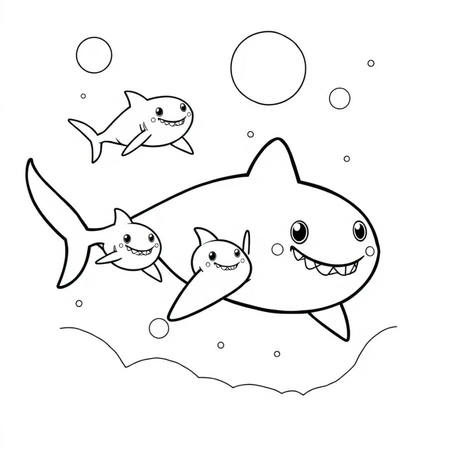 Shark Family Gliding Through The Dark Midnight Zone Coloring Page