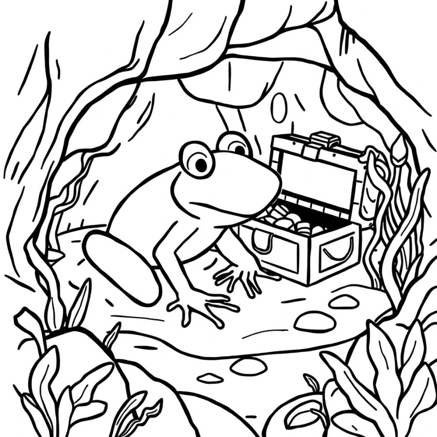 Deep Sea Adventure: Frog Exploring a Sunken Treasure Chest Coloring Page