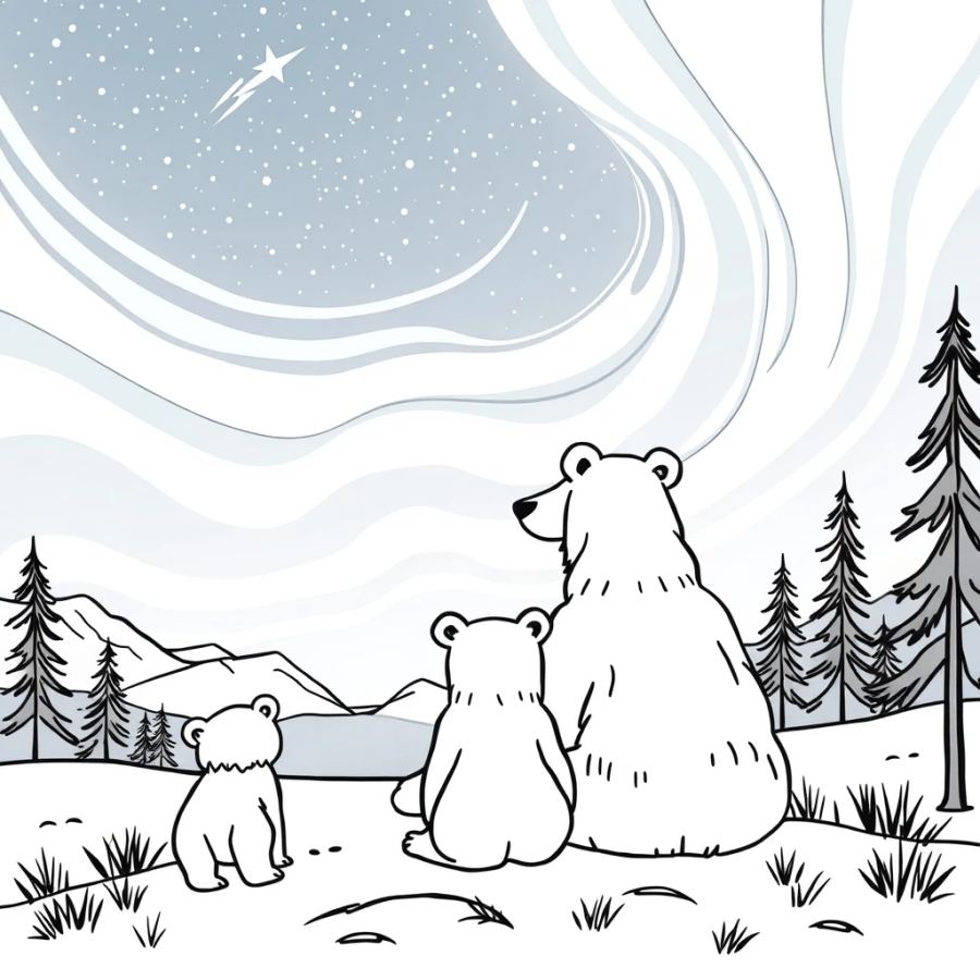 Grizzly Bear Family Watching Northern Lights Coloring Page