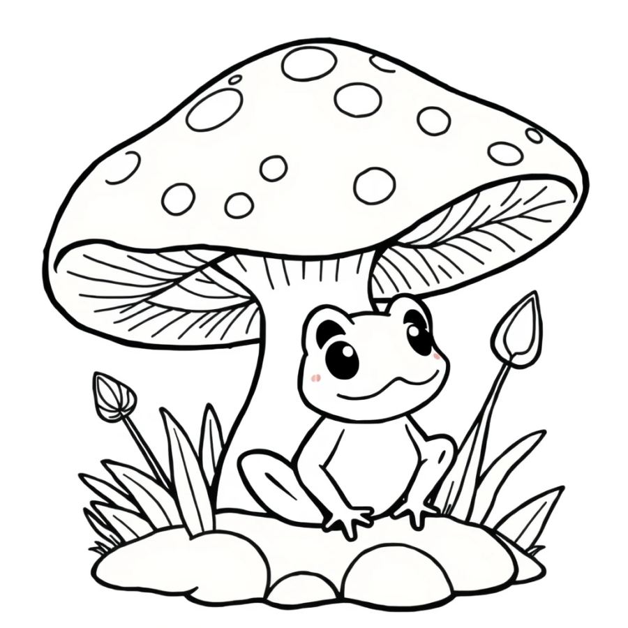 Charming Tiny Frog and Giant Mushroom Coloring Page