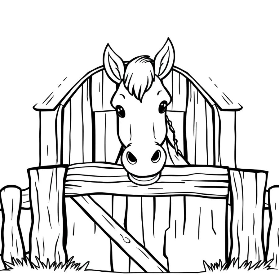 Horse Looking Over A Rustic Wooden Barn Door Coloring Page
