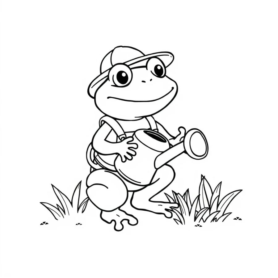 Cute Gardener Frog with Watering Can Coloring Page