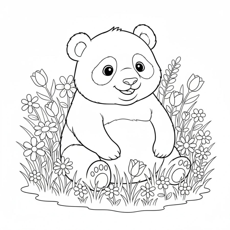 Panda Sitting In A Field Of Flowers Coloring Page