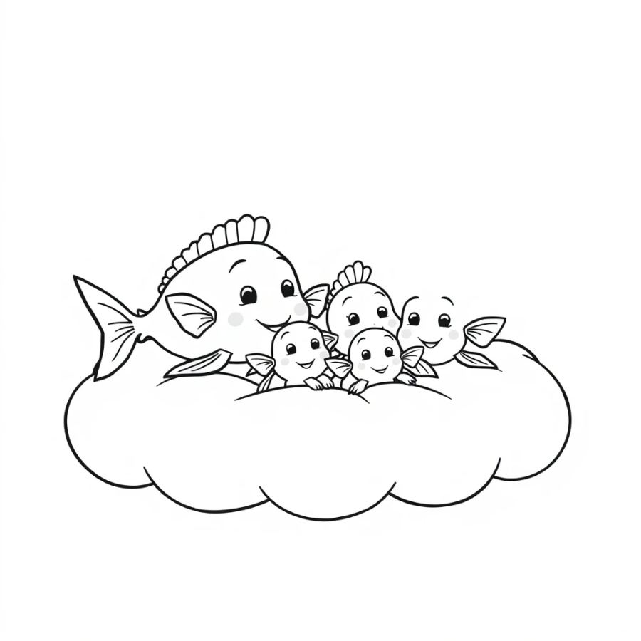 Angelfish Family Resting On A Soft Cloud Mattress Coloring Page