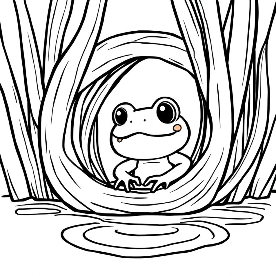 Adorable Tiny Frog Peeking from Reed Coloring Page
