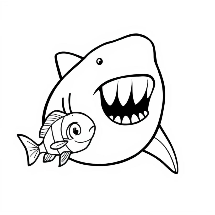Shark Getting Cleaned By A Tiny Cleaner Fish Coloring Page
