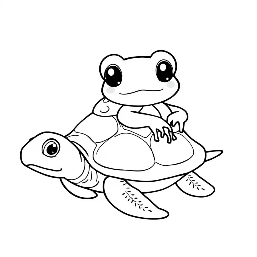 Cute Baby Frog and Swimming Turtle Coloring Page