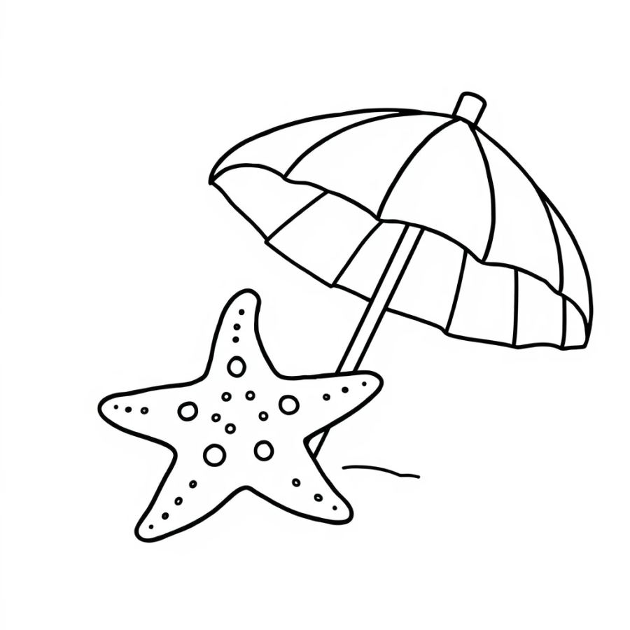 Starfish Resting Next To A Colorful Striped Beach Umbrella Coloring Page