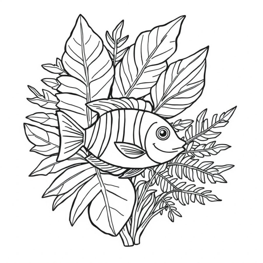 Tropical Fish Hiding Behind A Giant Broad-Leaf Sea Fern Coloring Page