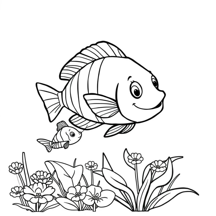 Tropical Fish Chasing A Tiny Sea Shrimp Through A Water Clover Patch Coloring Page