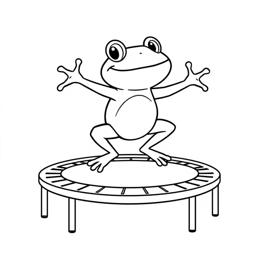Boing! Joyful Frog Jumping on a Trampoline Coloring Page