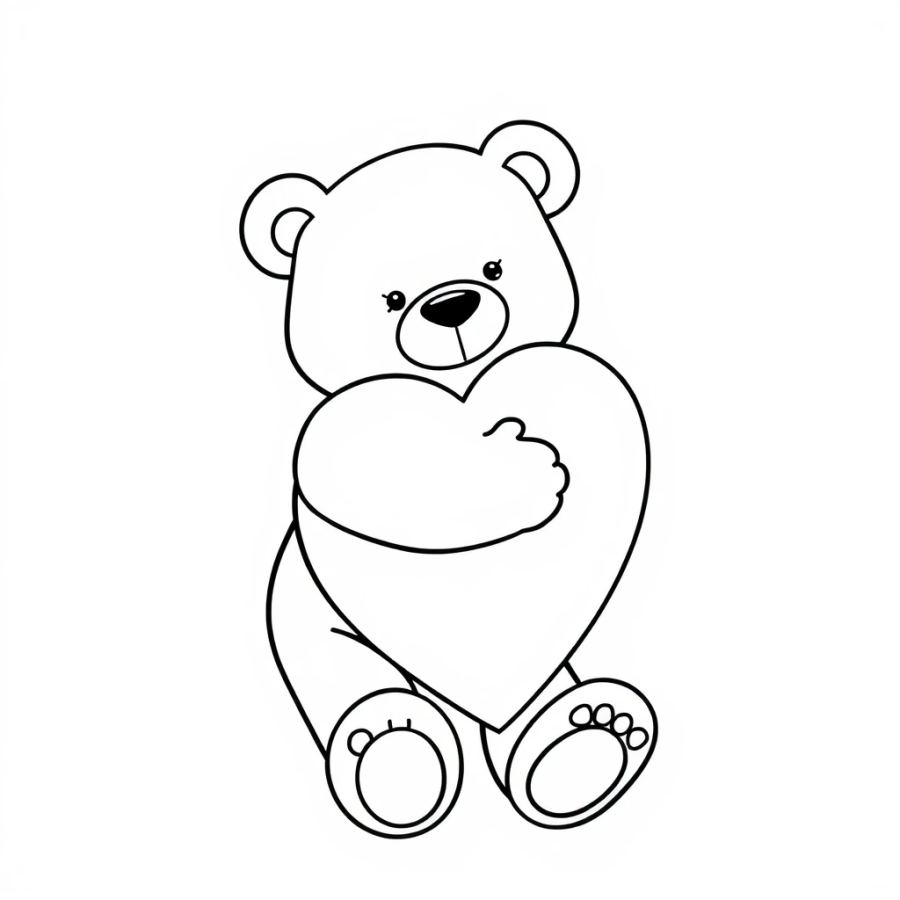 Adorable Teddy Bear Hugging a Giant Heart Coloring Page