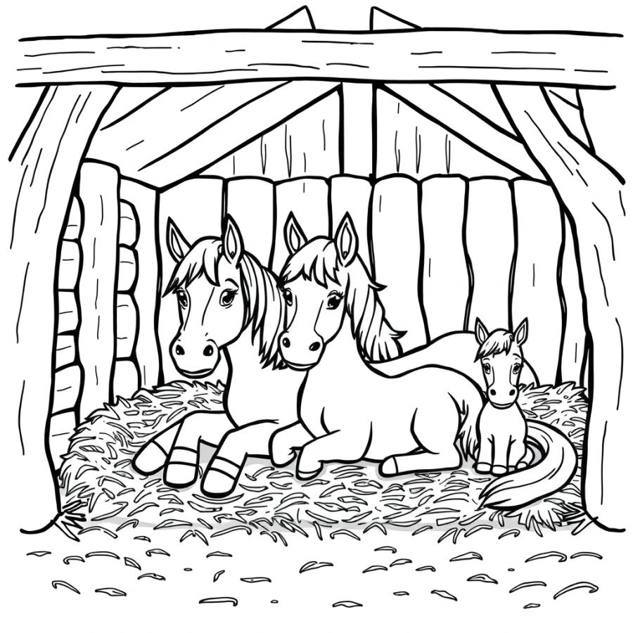 Horse Family Resting In A Hay-Filled Stable Coloring Page