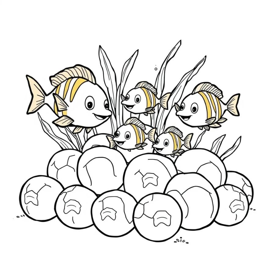 Tropical Fish Family Darting Around A Pile Of Iron Cannonballs Coloring Page