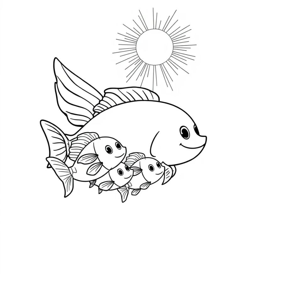 Angelfish Family Basking In A Beam Of Divine Light Coloring Page