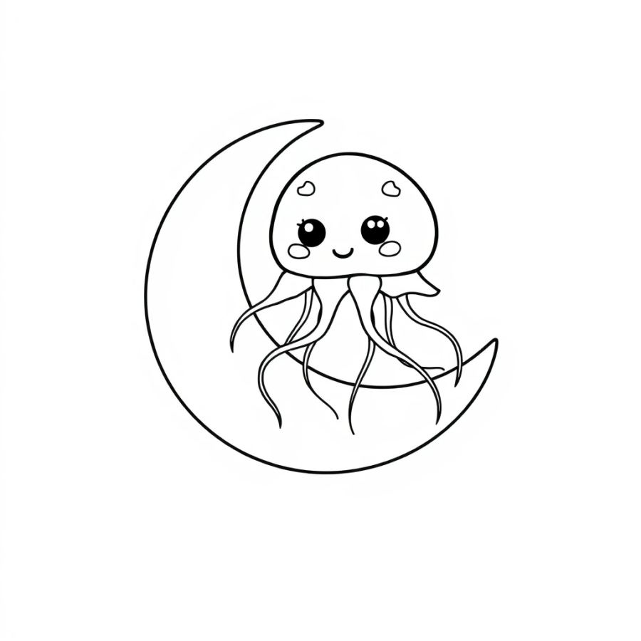 Jellyfish Resting On The Surface Of A Crescent Moon Coloring Page