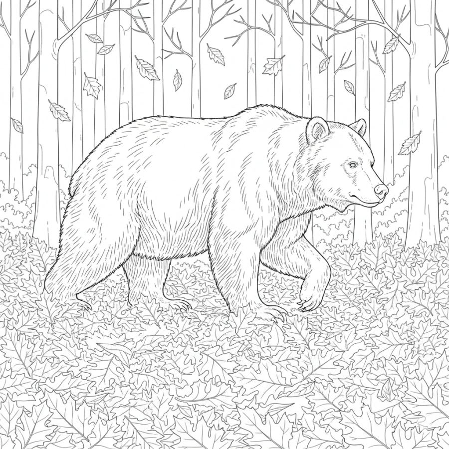 Brown Bear Walking in Autumn Leaves