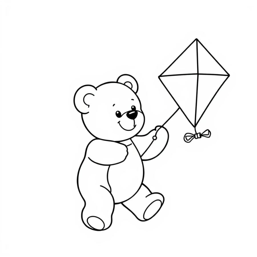 Happy Teddy Bear Flying a Colorful Kite Coloring Page