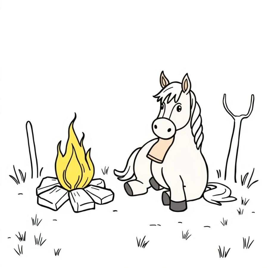 Horse Resting Near A Cowboy Campfire Coloring Page
