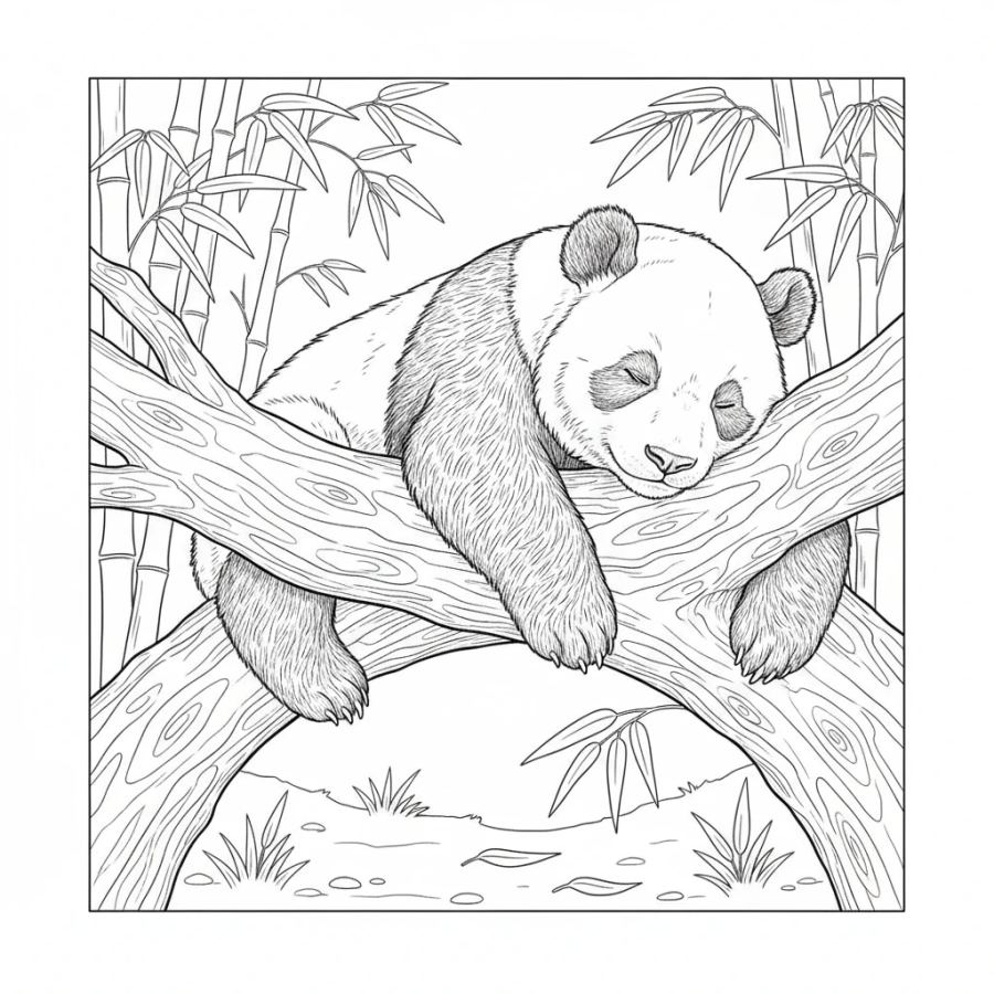 Panda Sleeping On A Tree Branch Coloring Page