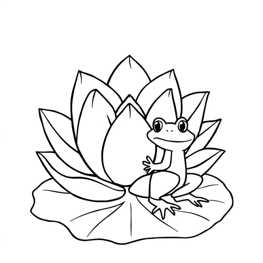 Cute Frog on a Lotus Flower Coloring Page