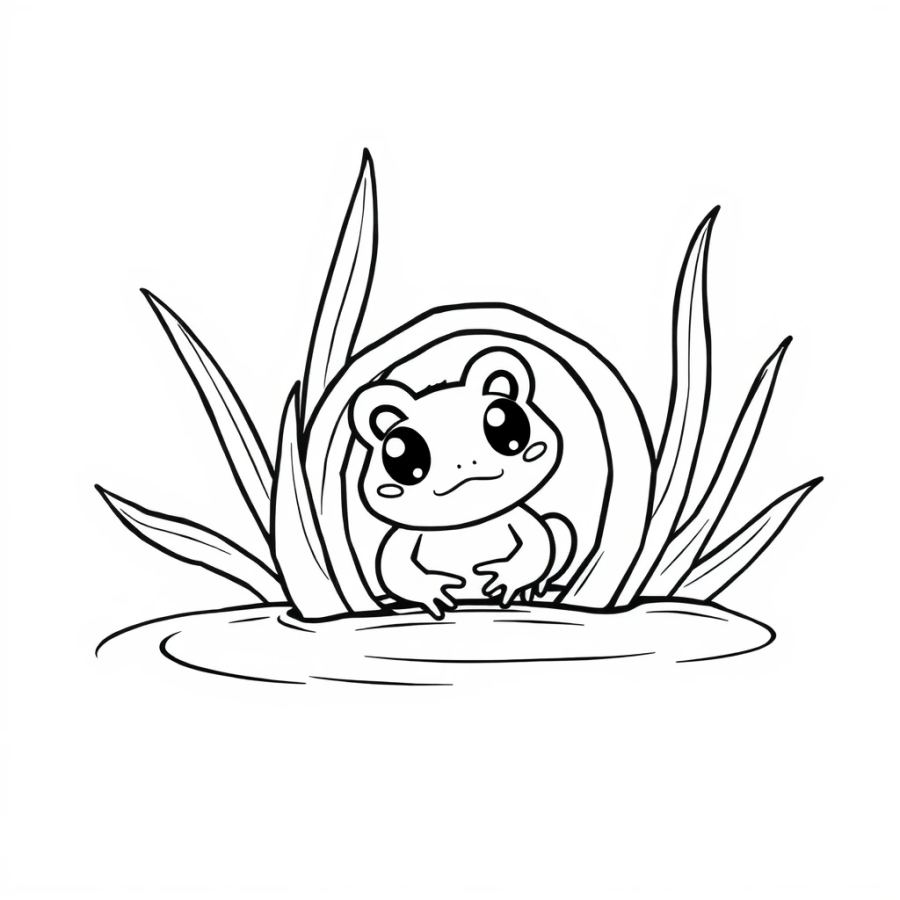 Adorably Cute Tiny Frog in River Reed Coloring Page