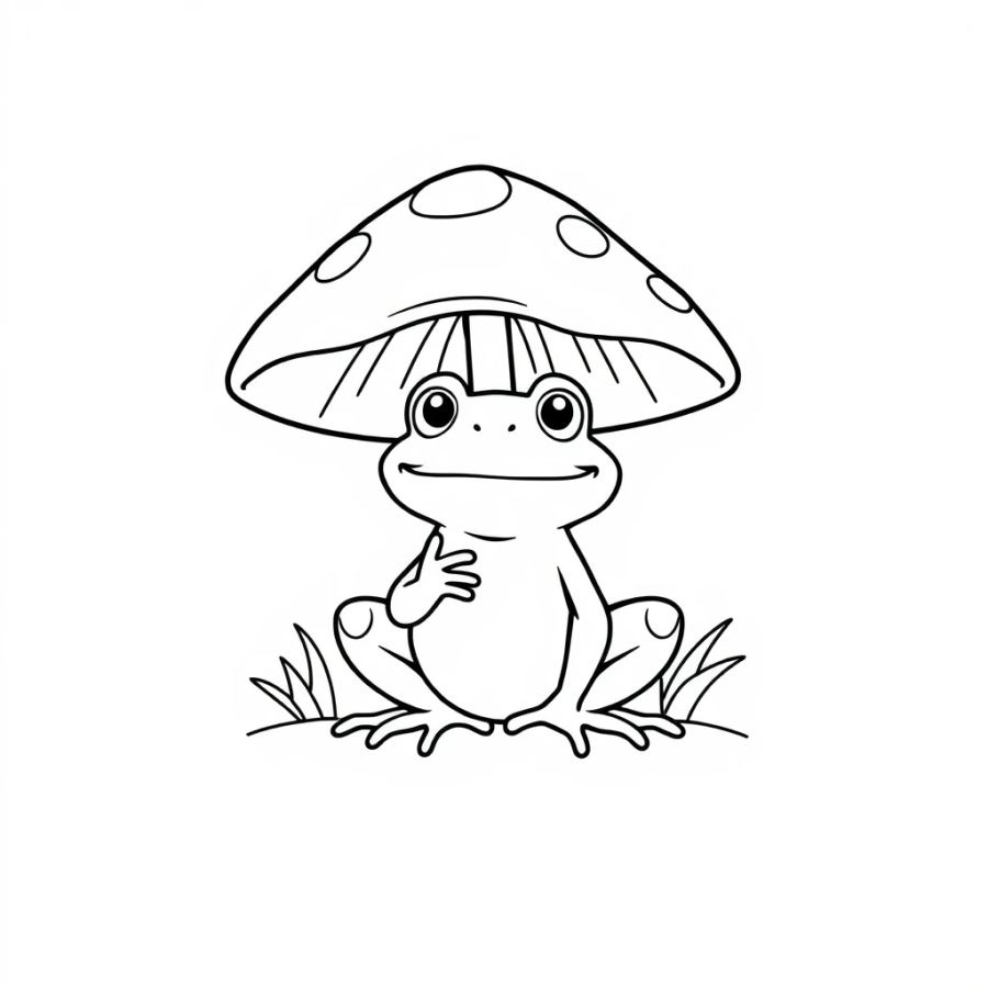 Cute Frog under Mushroom Umbrella Coloring Page