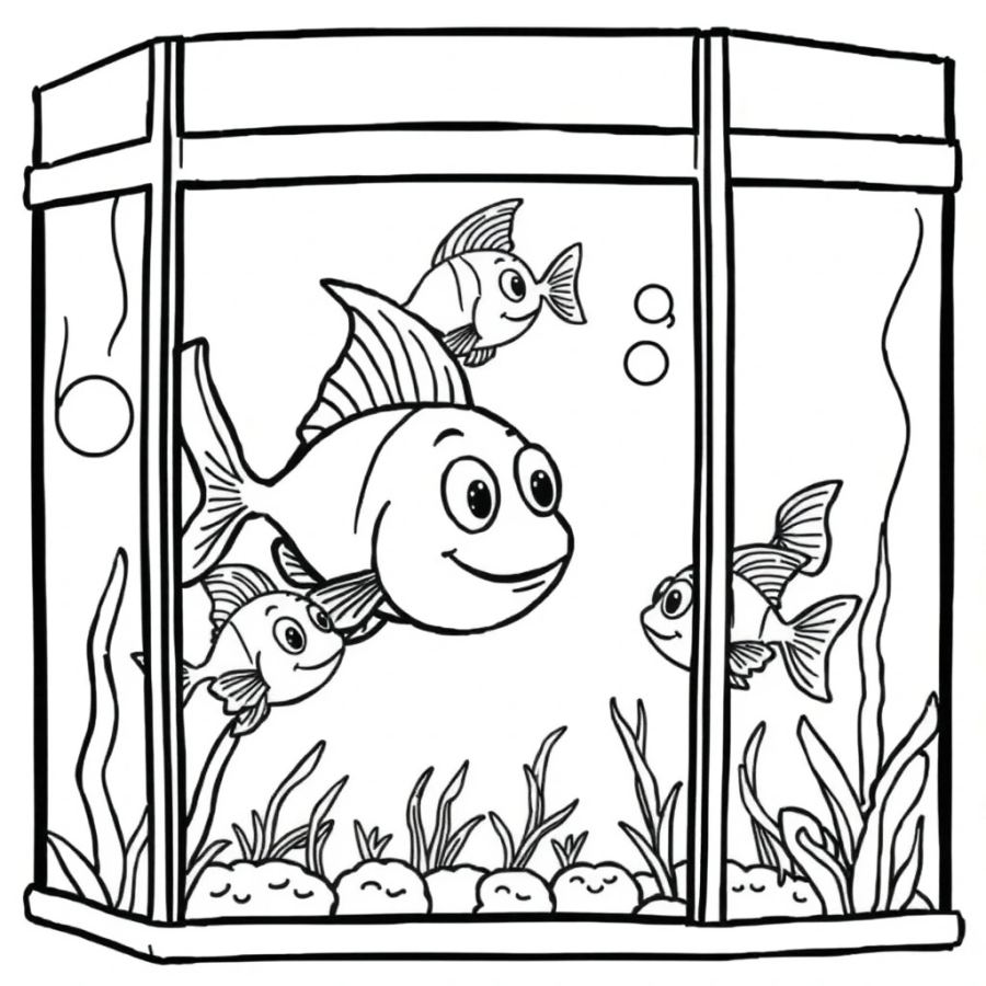 Angelfish Family Playing Hide And Seek Behind Glass Panels Coloring Page