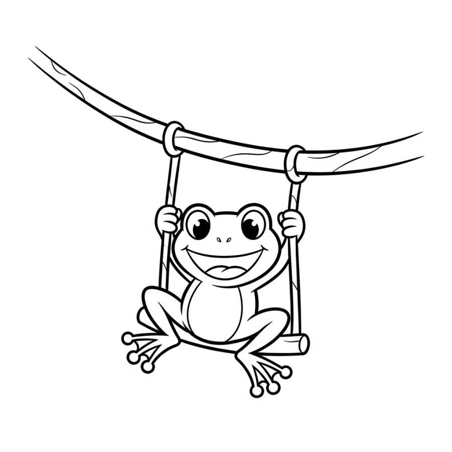 Playful Frog Swinging on a Vine Coloring Page