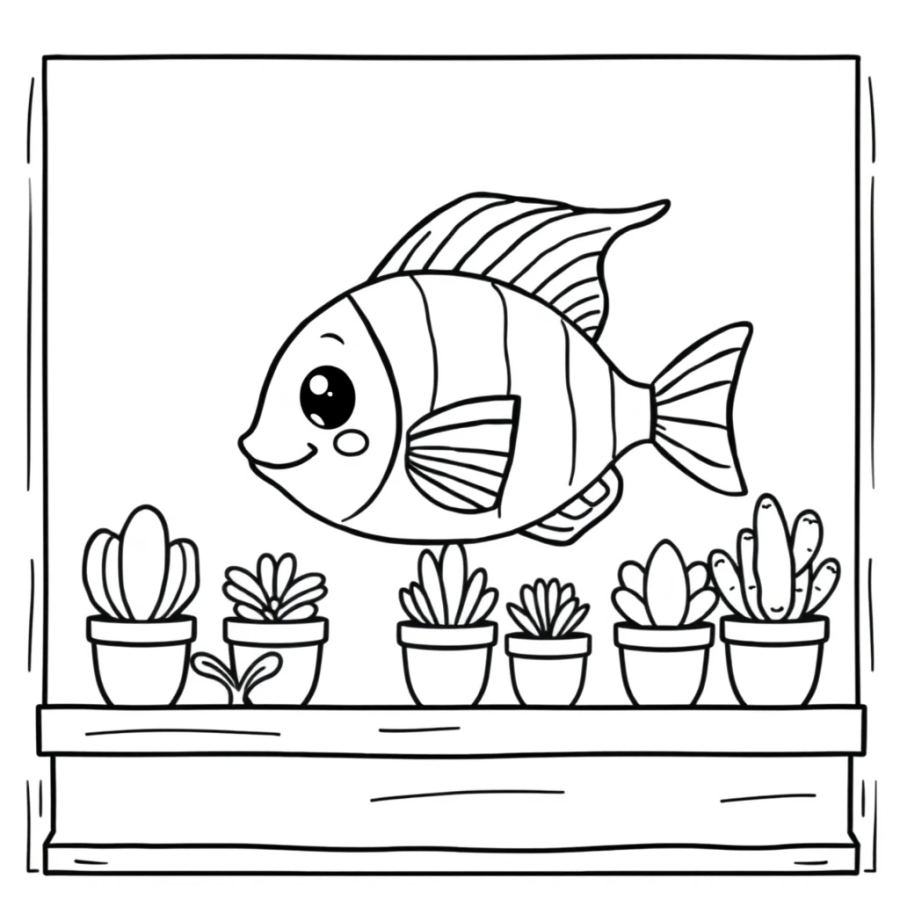 Angelfish Resting On A Shelf Of Tiny Potted Succulents Coloring Page