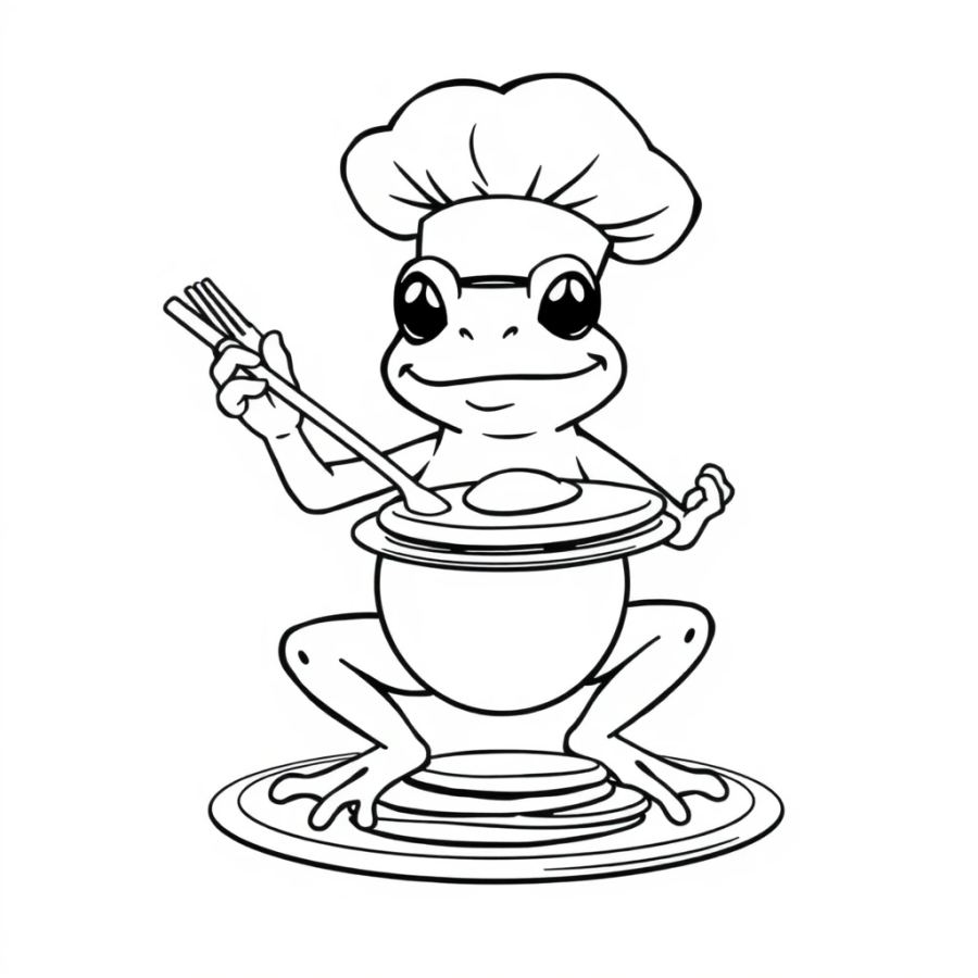 Cute Chef Frog Flipping a Pancake Coloring Page